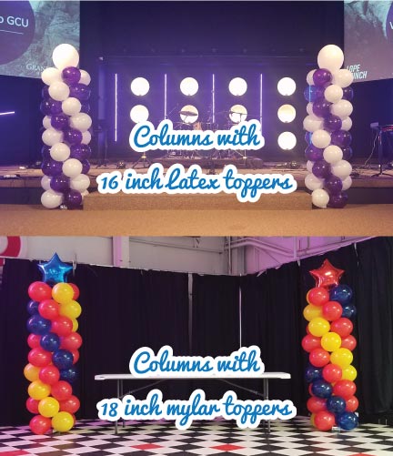 Spiral Balloon Columns with 36 Balloons Each, 16inch Latex Topper & 18inch Mylar Toppers