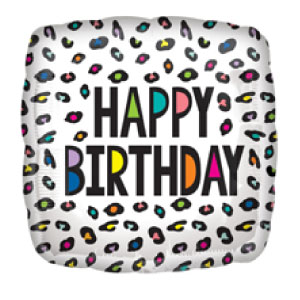 square mylar balloon with white background and colorful cheetah print says happy birthday