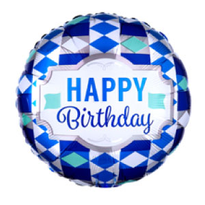 Circle mylar balloon with blue, silver and turquoise geometric pattern says Happy Birthday