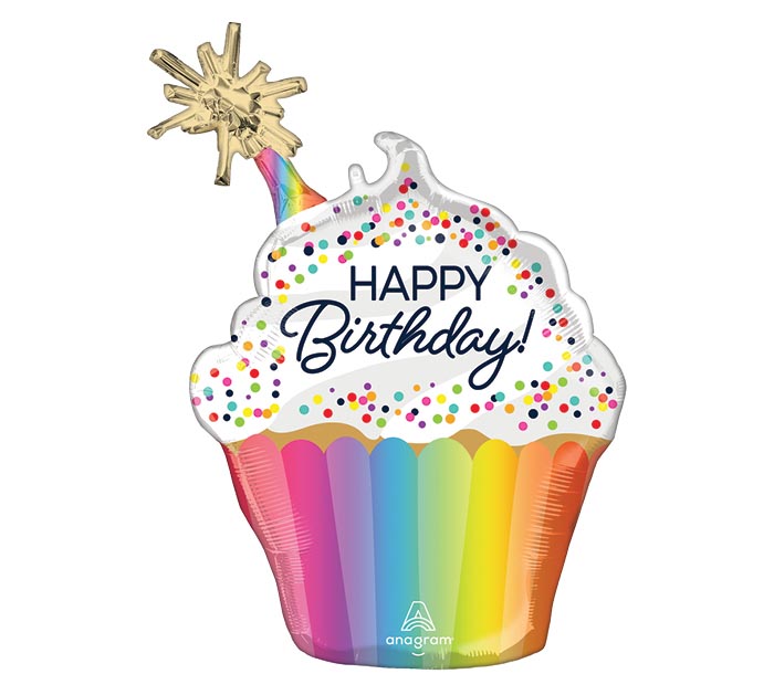 Colorful Cupcake Shaped Happy Birthday Mylar Balloon 35 inch