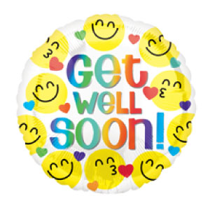 18'' Mylar Balloon star shaped with green background and verious sports images, says get well soon